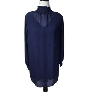 Lac Bleu Size Large Navy Blue Sheer Mini Lines Long Sleeve Dress Open Sleeves